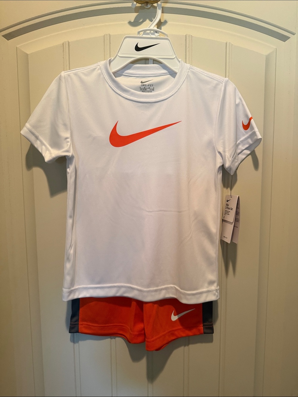 Nike White Short-Sleeve Tee and Shorts with Orange Swoosh